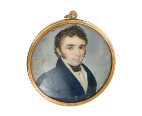 Georgian circular portrait miniature on ivory - a gentleman in blue coat, in yellow metal frame with glazed reverse panel con