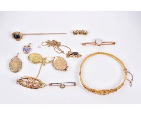 Victorian gold (15ct) bangle, Victorian seed pearl horseshoe brooch and sundry jewellery CONDITION REPORT The bangle is damag
