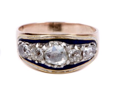 Georgian diamond and enamel ring with central rose cut diamond flanked by two old cut diamonds to each side, in closed back s