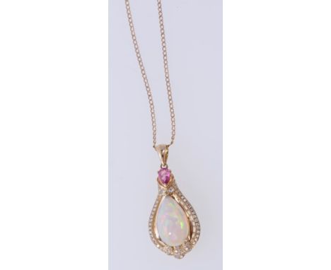 Opal diamond and pink tourmaline pendant with a pear-shape cabochon opal weighing approximately 2.74 carats, within a border 