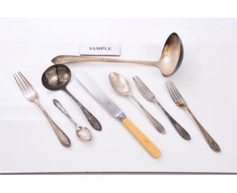 Early George V part table service of silver cutlery with reed, ribbon and laurel wreath decoration and engraved armorial cres