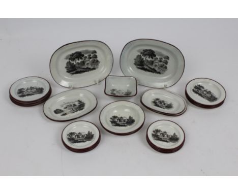 Early 19th century pearlware miniature tea service, bat printed with views of country houses, comprising five serving dishes,