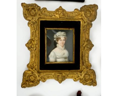 Georgian portrait miniature on ivory - a lady in white dress and hat, in ebonised mount and gilt scroll frame, 7.3cm x 6cm CO