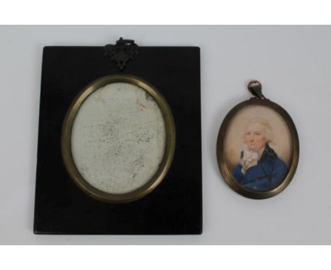 Georgian miniature on ivory - portrait of a gentleman, in blue coat with black collar, signed and dated I. B. 1793, in gilt b