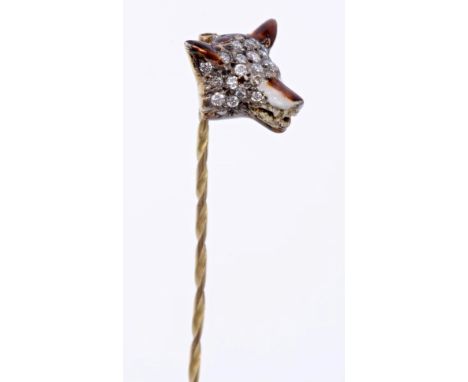 Diamond and enamel tie pin in the form of a fox mask, with pavé set old cut diamonds and enamel detail in silver setting on g