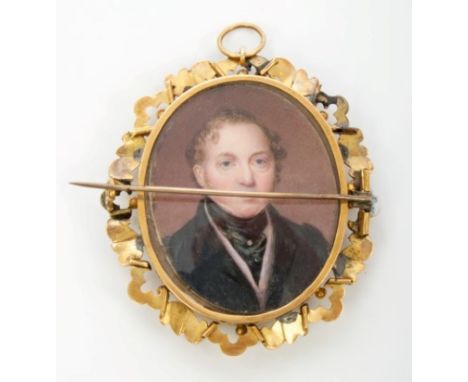 Victorian oval portrait miniature on ivory - a gentleman in black cravat and coat, in oval brooch mount with hair memorial pa