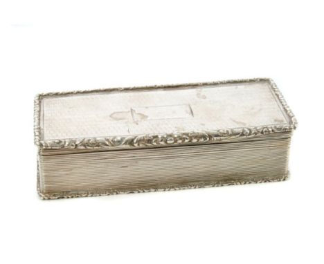 William IV silver table snuff box of rectangular form, with reeded decoration and rococo scroll borders, hinged cover with si