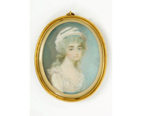 Georgian oval portrait miniature on ivory - a lady in white dress and hat, in gilt metal frame, 7cm x 5.5cm CONDITION REPORT 