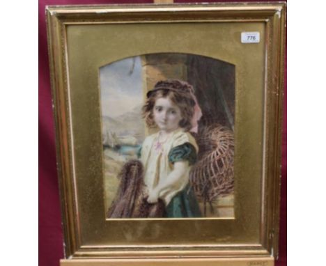 Walter Little (act. 1864 - 1878), watercolour - portrait of a young girl holding a fishing net, with harbour beyond, signed w