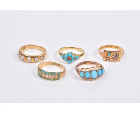 Five Victorian gold gem set dress rings set with turquoise stones, pearls and diamonds CONDITION REPORT 1.  Victorian gold (1