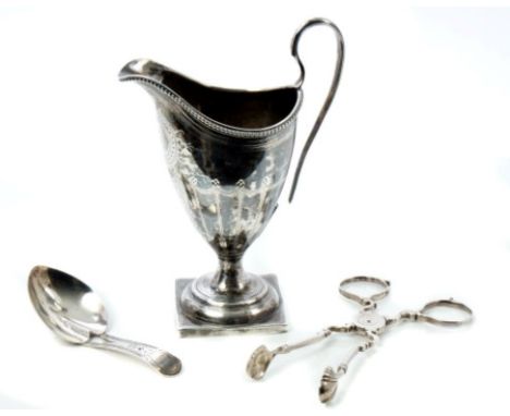 George III silver helmet cream jug with bright cut decoration, engraved initials and bead rim, loop handle, on square pedesta