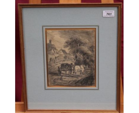 George Frost of Ipswich (1754 - 1821), pencil sketch - horse-drawn cart in a village lane, inscribed verso 'Ex Collection Joh