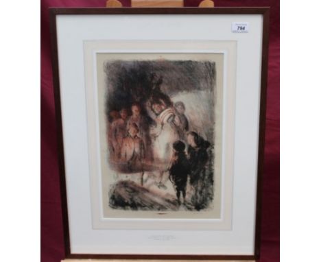 Archibald Standish Hartrick (1864 - 1950), signed lithograph - Men Carrying In The Wassail Bowl, in glazed frame, labels vers