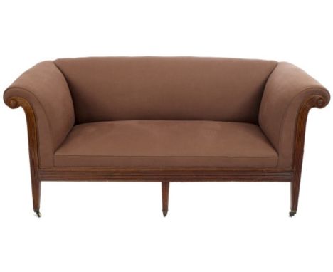 Regency mahogany scroll-end sofa with brown cushion upholstery and reeded frame on square tapered supports and brass cappings