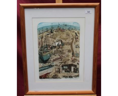 Glynn Thomas (b. 1946), signed limited edition coloured etching - Aldeburgh Fishermen, 54 / 200, in glazed frame, 43.5cm x 33