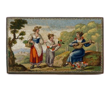 Fine quality 19th Italian micromosaic plaque of rectangular form depicting a lute player and two fruit gatherers in a classic