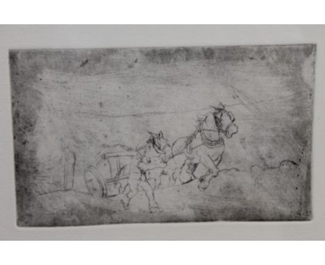 Sir Alfred Munnings (1878 - 1959), etching - figure leading horses and cart, in glazed frame, 16.5cm x 26.5cm