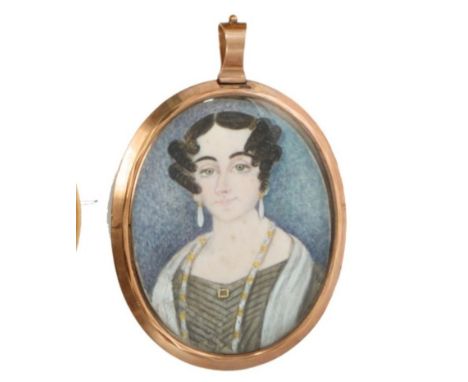 Victorian oval portrait miniature on ivory - a stylish lady, inscribed verso Mr Scott. Miniature Painter, No. 3 Rodney's Row,