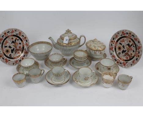 Lot of late 18th century Worcester and other teaware with gilt on white decoration including teapot and cover and stand, sucr