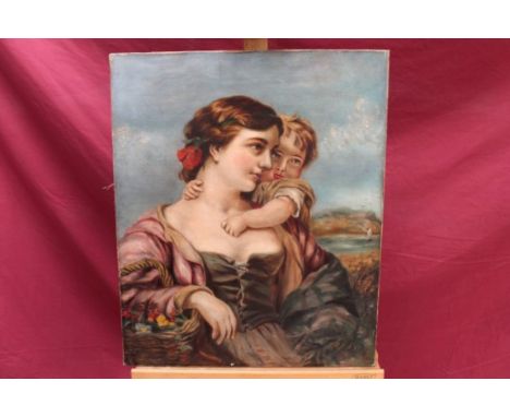 19th century English School oil on canvas - portrait of a mother and child, 61cm x 51cm