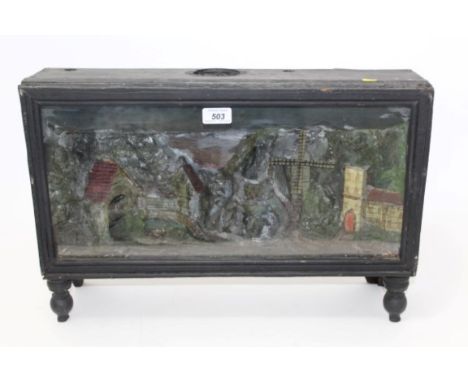 19th century Continental water operated automaton diorama, the glazed box frame raised on turned supports housing a modelled 