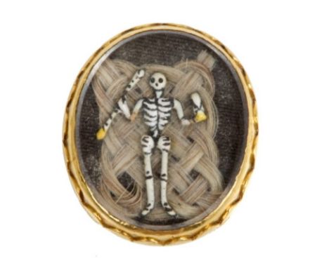 Fine late 17th century Momento Mori locket with a fine enamel miniature skeleton holding the hourglass of Time and a deadly a