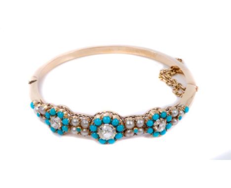 Victorian diamond, turquoise and seed pearl bangle with three flower-head turquoise forget-me-not clusters centred with cushi