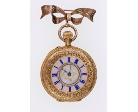 Late 19th century ladies' Swiss gold (18k) fob watch with button-wind movement, gilded white enamel dial in a gold half hunte