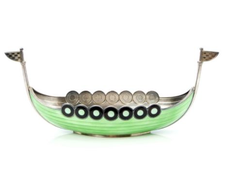 Unusual Norwegian silver model of a Viking longship with green and black enamel decoration, engraved presentation inscription