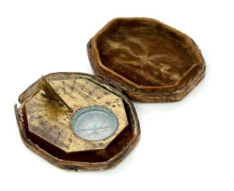 18th century French Butterfield-type pocket sundial by Favray of octagonal form with hinged gnomon and fitted compass, all ov