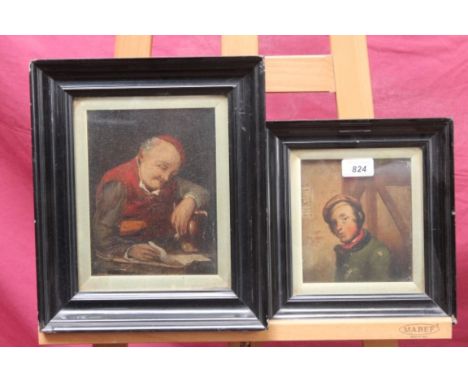 19th century Continental oil on panel - portrait of a seated man with clay pipe, in glazed ebonised frame, 19.5cm x 15cm and 