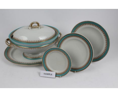 Victorian Royal Worcester part dinner service comprising three graduated tureens and covers, thirty-two dinner plates, seven 