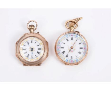Late 19th century ladies' Swiss gold (14k) cased fob watch with jewelled enamel dial and another similar in gold (9ct) case (
