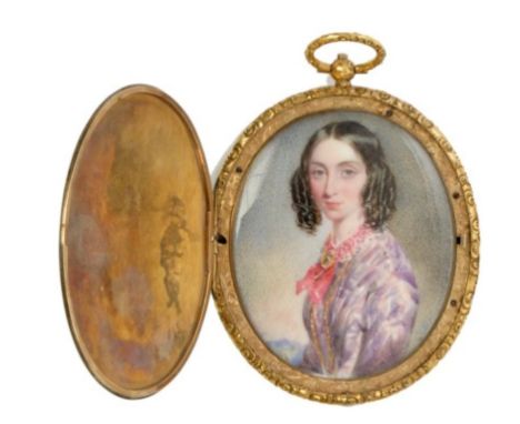 Victorian oval portrait miniature on ivory - a young lady in brightly coloured dress and ringlets, in fine quality yellow met