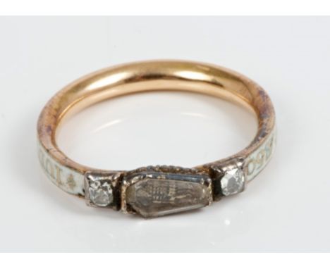 Fine George I gold, diamond and enamel Momento Mori ring with a coffin-shape bezel containing a miniature enamel skeleton und