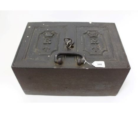 Victorian cast iron revenue strong box of rectangular form, enclosed by hinged cover cast with Queen's crown over R over broa