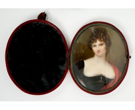 Georgian oval portrait miniature on ivory - a lady in black dress with red shawl - The Honourable Harriet Archer, the 4th and