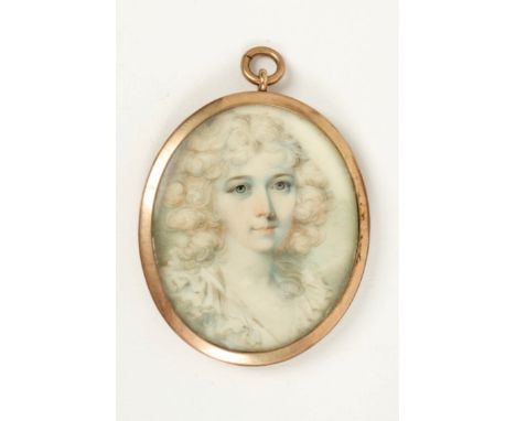 Attributed to Sampson Towgood Roche (1759 - 1847), oval portrait miniature on ivory - a lady with curly hair, bearing label v