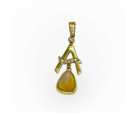 An Opal, Diamond and Cubic Zirconia Pendant, the bicolour pendant in the form of the initial A, set with round cut cubic ziro