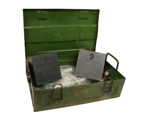 A Second World War British Ammunition Box, in green painted steel, the hinged cover embossed P60/MC II 1943, 46cm by 30cm by 