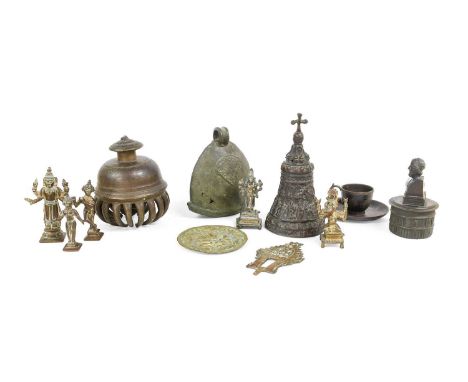 A Bronze Table Bell, in Renaissance style, with cruciform finial, cast with bands of figures within scroll borders19.5cm high