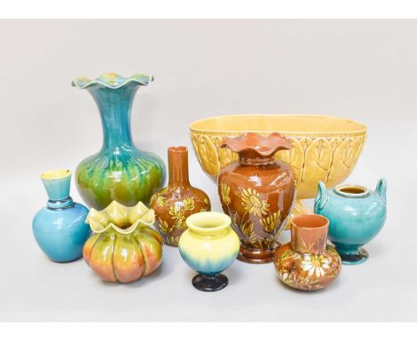 Linthorpe Pottery, including a footed bowl shape number 1764, 25cm wide, various vases in glazes of green, turquoise, brown, 