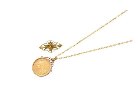A Sovereign Pendant on Chain, dated 1890, in a loose mount stamped '9CT', on a 9 carat gold fancy link chain, pendant length 