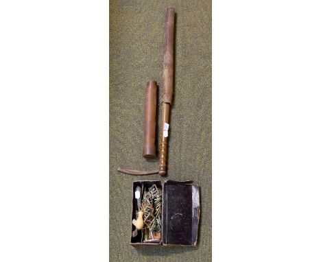 A Wooden Truncheon in Leather Case; a leather case with tools and another (3)