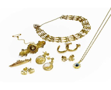 A Small Quantity of Jewellery, including a 9 carat gold gate link bracelet, length 18.5cm; a 9 carat gold diamond brooch, len