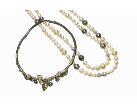 A Cultured Pearl Necklace, by Hagit Gorali, of naturalistic form, stamped '925', length 41cm; and A Vari-Coloured Cultured Pe