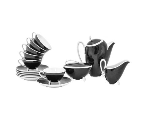 A 1950s German Entwurf Bavaria Coffee Set, by Prof Franz Josef Karl, black and white, comprising coffee pot and cover, six cu