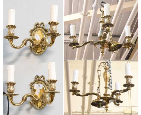 A Pair of Ribbon Tied Brass Twin Light Wall Sconces, together with two brass three light electroliers (4) 