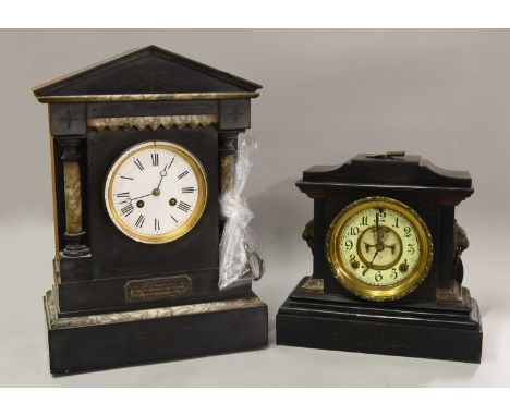 A Victorian Slate and Marble Striking Mantle Clock, of architectural form, 44cm high; together with a similar example, with e