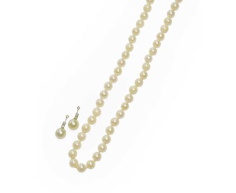 A Pair of Cultured Pearl and Diamond Drops, the cultured pearl surmounted by two round brilliant cut diamonds in white claw s